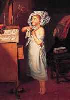 EGGERS, GERARDUS, *1826 AMSTERDAM - 1900, HOLLäNDISCHER GENREMALER, HIER: MäDCHEN BEIM ANPROBIEREN EINER HAUBE, IM HINTERGRUND DIE ...