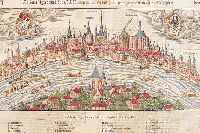 KONVOLUT VON 4 BLATT MIT ANSICHTEN VON KöLN, 1.) KOLOR. HOLZSCHNITT VON S. MüNSTER, CA. 1590, GA., AUF DER DOPPELTEN BUCHSEITE, BILD- GR. 18 X ...