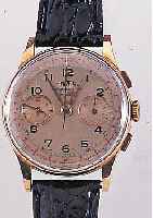 CORESA ARMBANDCHRONOGRAPH, REF.-NR. 960, SCHWEIZ UM 1950, RG 750/000, BODEN GEDR., VERGBLATT ALTERSBED. L. FL., TELE- U. TACHYMETER- AUSSENSKALA, ...