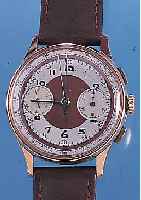 LANDERON ARMBANDCHRONOGRAPH, REF.-NR. 1822, SCHWEIZ UM 1948, ROSE-G. 750/000, BODEN U. GLASR. GEDR., METALLCUV. ZUR ARMIERUNG, 2-FARBORIG.-BLATT, ...