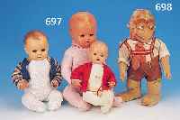 KONVOLUT AUS DREI BABY-PUPPEN, ZWEI BABYS 30ER JAHRE, UNGEMARKT, H. CA. 48 UND 40 CM, STOFFKöRPER, BLAUE SCHLAFAUGEN, ARME BEINE UNDKOPF ...