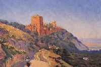 KNUTSEN, KNUD HERNOD, *1900 - 1967, SKAN- DINAVISCHER KüNSTLER, HIER: ESELSREITER IN SONNIGER LANDSCHAFT BEI GRANADA, FARBLICH NUANCENREICH ...