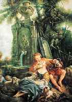 KOPIST 1. HäLFTE 20. JH., NACH EINEM ORIGI- NAL VON FRANCOIS BOUCHER, HIER: SCHäFER- STüNDCHEN, ÖL/HOLZ, UNSIGN., 60 X 50 CM, R.