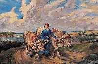 SEIFERT, KARL, *1896 LEIPZIG, STUDENT DER LEIPZIGER AKADEMIE, WERKE U.A. IM MUSEUM LEIP-ZIG, HIER: BäUERIN MIT OCHSENGESPANN IN HüGELIGER ...