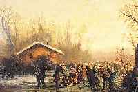 THUNS, E.(?), WINTERTREIBEN, ROMANTISCHE ABENDLANDSCHAFT, REICHE FIGURENSTAFFAGE, ÖL/LWD., RE. UNTEN SIGN., DOUBL., 40 X 64 CM,R
