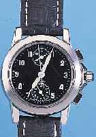 HACHER ARMBANDCHONOGRAPH MILITARY, SCHWEIZ UM 1995, EDELST. POL., BEIDS. VERGL., BODEN U. KRONE GESCHR., SCHW. KONTRASTZIFFERBL., 30-MIN.- U. ...