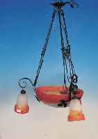 DECKENLAMPE, CROISMARE = MULLER FRES, 20/30ER JAHRE, GLAS, PATE-DE-VERRE, ORANGEF.UND ROTE EINPUDERUNGEN, B. CA. 57 CM, VIER ...