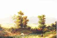 LINDNER, CARL, 1840 ULM - 1883 DüSSELDORF, ÖL/LWD., 47 X 65 CM, ROM. RHEINLANDSCHAFT, IM VORDERGRUND HIRTE MIT DREI TIEREN AM BACH- LAUF, IM ...
