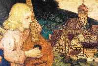 Schiestl, Matthäus, 1869 Gingl/Salzburg-1939 München, Schüler von Dietz und Löfftz, hier:Engel vor Dorfsilhouette, Öl/Holz, ca. 40 x 50 cm, ...