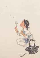 HU FAN WU, * 1894 CHINA, FARBHOLZSCHNITT, LöWENZAHN, STEMPELMARKE, 35 X 23 CM