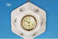 WANDUHR, UHRENFABRIK GUSTAV BöSSENROTH BERLIN,UM 1900, SECHSECKIGES FLORALES KERAMIKGE- HäUSE, MESSINGLüNETTE MIT PERLLEISTENDEKOR, ...