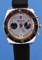 INGE LUNDBERG ARMBANDCHRONOGRAPH, REF.-NR. 93203, SCHWEIZ UM 1968, METALL HARTVERCHR., EDELST.-BODEN GESCHR., LüNETTE BEIDS. DREHB., ...