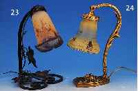 TISCHLAMPE, FRANKREICH, MASSIVER MESSINGGUß-FUß MIT RELIEFIERTEM MASKERON, SCHIRM SIGN. H.MARTIN, GLAS BUNT BEMALT MIT UMLAUFENDEM DEKORVON ...