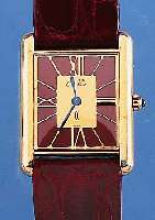 CARTIER DAMENARMBANDUHR TANK, SCHWEIZ UM 1980, MASSIV 925ER SILBER M. GG-AUFLAGE, BO- DEN SEITL. 4-FACH VERSCHR., BOMB. MINERALGL., LEDERB. ...