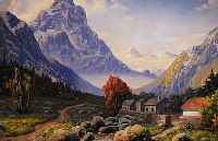 THIELE, WILHELM, GEB. 1872 POTSDAM, LANDSCHAFT IM VORGEBIRGE MIT GEHöFT IM TAL, ÖL/LWD, LI. U. SIGN., CA. 60 X 80 CM, R.