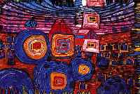 HUNDERTWASSER, FRIEDENSREICH, FARBOFFSET NACH DER GRAFIK: DIE FENSTER GEHEN NACH HAUSE,CA. 32 X 47 CM, PP, U.GL., R.
