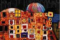HUNDERTWASSER, FRIEDENSREICH, FARBOFFSET NACH DER GRAFIK BARBAKAN-CASTLE IN POLAND,NUM.4398/5000, CA. 27,5 X 39 CM, PP, U.GL., R.
