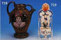 WEIHWASSERBECKEN, ROANNE, UM 1820, FAYENCE, BUNT BEMALT, H. CA. 21 CM, LEICHT BE-STOßEN