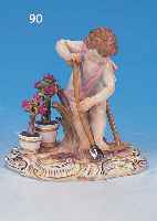 PORZELLANFIGUR, MEISSEN, UM 1880/90, 1. WAHL, 12 X 12 CM, PUTTO BEI DER GARTENARBEIT, SCHöNE BEMALUNG, MIN. AN DEN BLüTEN UND ...