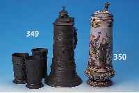 HENKELKRUG, METTLACH, VILLEROY & BOCH, 1891, FEINSTEINZEUG, H. 34 CM, NUM. 1734, GERITZT UND BUNT, STAFFIERT