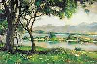 WEBER, WILLI, 1895 LUDWIGSHAFEN - 1959, CHIEMSEE MIT FRAUENINSEL, HAUPTWERK, SIGNIERT ÖL/LWD., DAT.1923, 71 X 100 CM