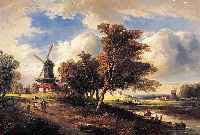 FONECHE, FRANZöSISCHER LANDSCHAFTSMALER DES 19./20. JH., DETAILREICHE HOLLäNDISCHE LAND- SCHAFT MIT WINDMüHLEN, BAUERN, FISCHERN UND KüHEN IN ...