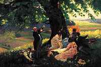 LEHMANN, WIHELM LEONHARD, *1877 SCHLESIEN - 1954 ERGOLDSBACH, WIRKTE IN MüNCHEN, HIER: MäNNER UND FRAUEN BEIM SOMMERLICHEN PICKNICK UNTER ...