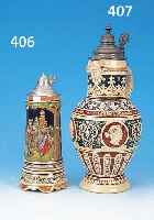 ZINNDECKELKRUG MIT SPIELUHR, DEUTSCH, WOHL 30ER JAHRE, STEINGUT, BUNT STAFFIERT, H. 27 CM, SPIELUHR VON THORENS