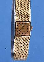 IKONA DAMENGOLDBANDUHR, DEUTSCHLAND UM 1964,GG 585/000, BODEN GEDR., BLATT VERG., FORMAN- KERW., 17 ST., HANDAUFZUG, INCABL. STOßGES., L. CA. 16.5 ...