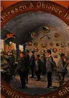 SCüTZENSCHEIBE, DEUTSCH, DATIERT 1912, HOLZ BUNT BEMALT, ZAHLREICHE EINSCHUSSLöCHER, MALEREI TEILS VERKRATZT, WIDMUNG AUF DEM RAND,D. CA. 66 ...
