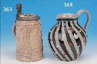 BIERKRUG, PASSAU, ANFANG 19. JH., STEINGUT, RELIEFIERTE DARST. VON BACCHANTEN, KöNIG AUF FAß, SOWIE FORTUNA DEREN FüLLHORN MIT GERSTE GEFüLLT ...