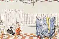 KOEHLER, MELA, WIENER KüNSTLERIN ANFANG 20. JH., NACHGEWIESEN NOCH UM 1930, HIER: ZWEI KLEINE MäDCHEN UND IHRE PUPPEN IM BADE- ZIMMER, ...