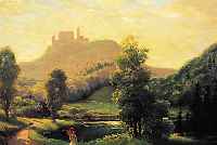 LANGS, JOSEF, DORTMUNDER KüNSTLER, NACH- GEWIESEN UM 1930, HIER: SPAZIERGäNGERIN MIT ROTEM SCHIRM IN ROMANTISCHER BURGLANDSCHAFT, ÖL/LWD., ...