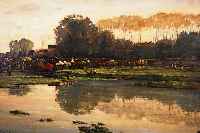 MEINDEL, ALBERT, *1881 WIEN- 1967 SALZBURG, SELTENES GROßFORMAT DES KüNSTLERS, HIER: BAUERNMARKT AM FLUSSUFER AM RANDE DER STADT, ÖL/LWD. ...