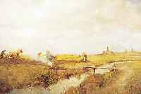 MELCHER, GUSTAV, *1898 DüSSELDORF, SCHUF AUCH IMPRESSIONISTISCHE SCHILDERUNGEN BäUER- LICHEN LEBENS, HIER: BEI DER ERNTE, AM HORI- ZONT ...