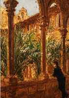 MIRO, LLEO GASPAR, *1859- 1930, SPANISCHER KüNSTLER, HIER: JUNGER MANN BEIM BLICK IN DEN GARTEN DES PALASTES VON SEVILLA, ...