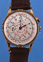 SOLORA HERRENARMBANDUHR SCHEINCHRONOGRAPH, SCHWEIZ UM 1938, METALL VERG., BODEN U. GLASR.GEDR., STIFTENANKERW. M. ROSSKOPF TYP. AUFB., DRüCKER ...