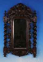 WANDSPIEGEL, UM 1890/1900, GRüNDERZEIT, EICHE REICH GESCHNITZT MIT GEDREHTEN VOLLSäU- LEN, SPIEGELGLAS ERNEUERT, CA. 68 X 41 CM