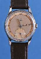 OMEGA HERRENARMBANDUHR, REF.-NR. 2390/6, SCHWEIZ UM 1948, EDELST., BODEN U. GLASR. GE- DR., AUßER GLAS, KRONE U. LEDERB. ORIG.-ZUST.,15 ST., ...