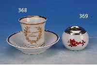 SALZGEFäß, MEISSEN, 1924/33, MIT EINGE- SETZTER STERLINGSILBERSCHALE, SALZLöFFEL, 800 ER SILBER, 1. WAHL, ROTER DRACHENDEKOR