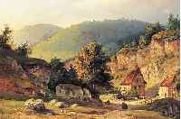 ROMANTIKER, STUTTGARTER SCHULE UM 1860/70, HüGELIGE LANDSCHAFT IN DER SCHWäBISCHEN ALB MIT BAUERNHäUSERN, EINER BRüCKE UND MUTTER MITKIND ...