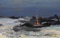 UNBEK. KüNSTLER D. 19. JH., WINTERLAND- SCHAFT AM ABEND MIT PERSON AM LAGERFEUER, ÖL/MALKARTON (SEITLICH VERKüRZT, DADURCH NUR ...