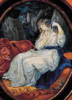 UNBEK. KüNSTLER D. 18./19. JH., MäDCHEN MIT LöWE, GOUACHE, UNSIGN., OVAL, CA. 30 X 24 CM, UNTER GLAS GERAHMT