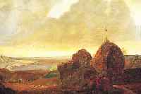 UNBEKANNTER KüNSTLER UM 1850, KüSTENLAND- SCHAFT MIT LEUCHTTURM IN ABENDSTIMMUNG, ÖL/LWD. (DOUBL.), UNSIGN., 58 X 81 CM, R.