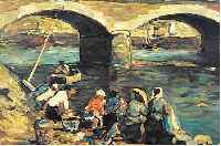 VICHY, B., WOHL FRANZöSISCHER KüNSTLER ANFANG 20. JH., HIER: MENSCHEN AM FLUSS, ÖL/LWD., SIGN., 50 X 61 CM, R.