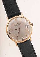 DOXA HERRENARMBANDUHR ANTIMAGNETIK, SCHWEIZ UM 1965, RG 585/000, GLASR. GEDR., D. CA. 34 MM, LEDERB. NEU, BLATT PERF. REST., RUNDANKER-W., BAUWEISE ...