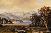 AHRWEILER, WILLI, * 1905 DüSSELDORF, ÖL/LWD.60 X 80 CM, GEBIRGSLANDSCHAFT MIT KüHEN, RAHMEN