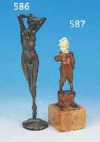 SKULPTUR, SIGN. P. FERRAI, UM 1900, BRONZE, H. 18 CM, EIN ARM ABGEBROCHEN, AUF STEIN- SOCKEL, KOPF AUS ELFENBEIN GESCHNITZT