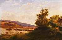 SCHMIDT, C., DEUTSCHER MALER UM 1900, SEEUFERLANDSCHAFT MIT FISCHER UND BAUERN- GEHöFT. ÖL/LWD, RE. U. SIGN., CA. 29 X 40 CM,R