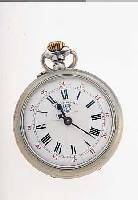 F. BACHSCHMID HERRENTASCHENUHR LEPINE, SCHWEIZ UM 1908, NICKEL, EMAILBL. M. SIGN., FEIN HAARR., AUßEN ROT 13-24, GEFERT. NACH PATENT-NR. ...